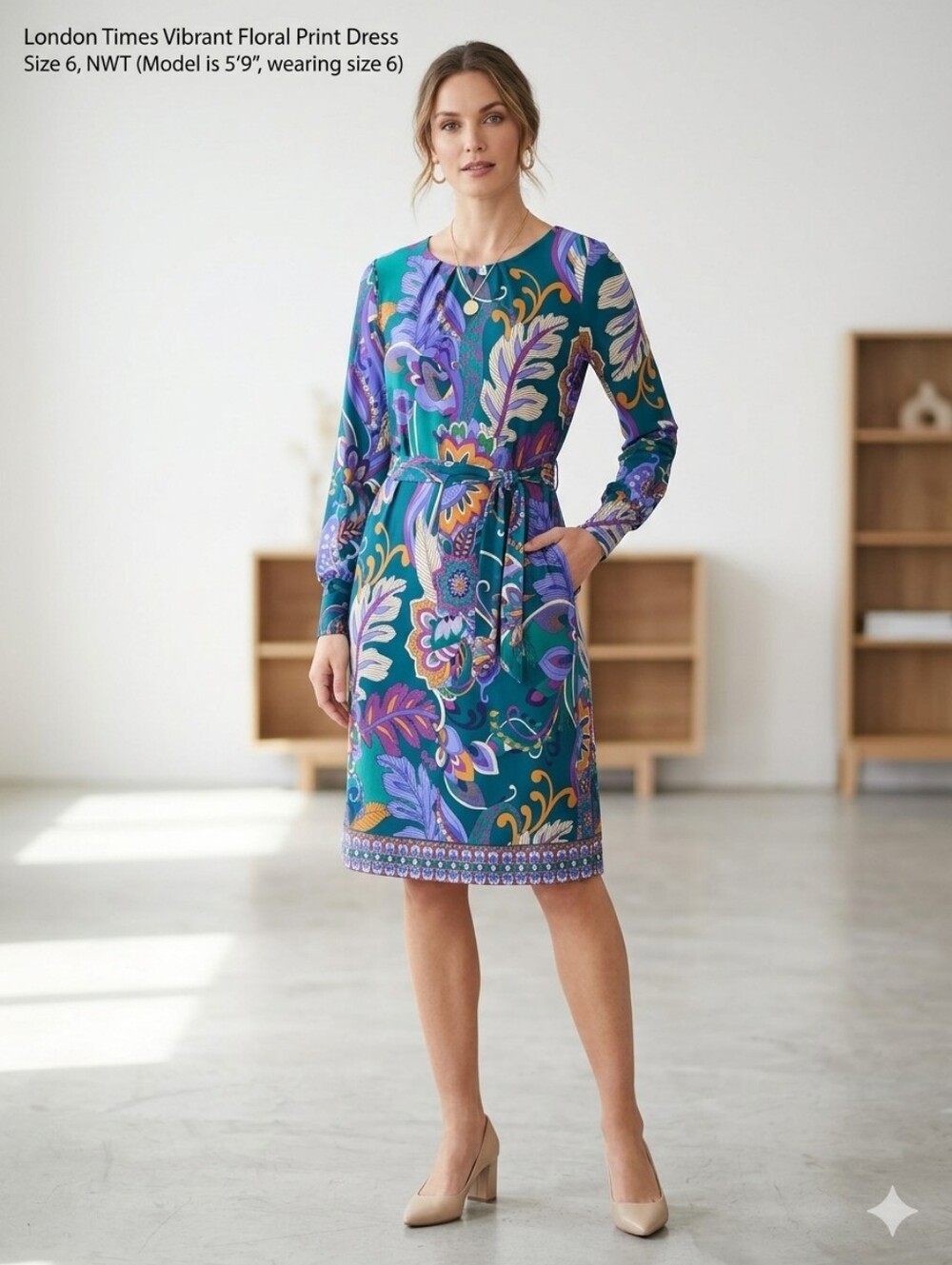 London Times Vibrant Teal Floral Print Long Sleeve Dress Size 6 NWT